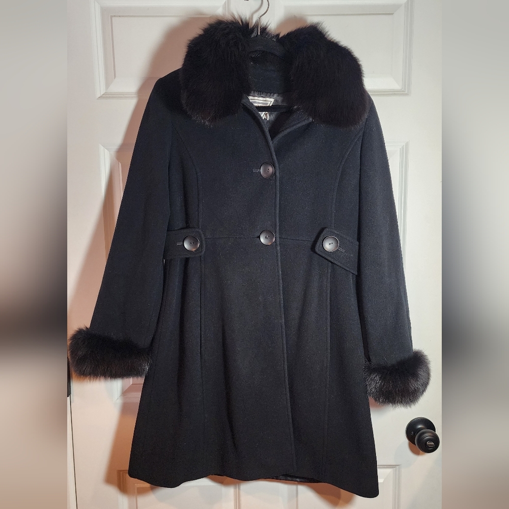 Marvin Richards Vintage Black Wool Cashmere Belted Blue Fox Fur Trim Coat Sz 10